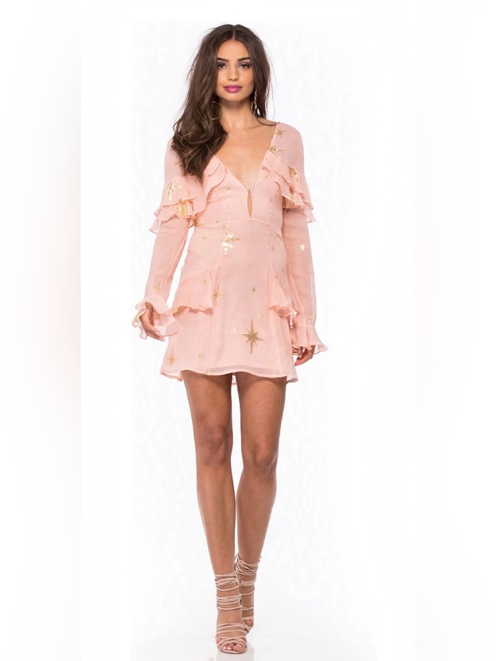 For Love and Lemons Blush Pink Mini Skirt with Gold Star Accents